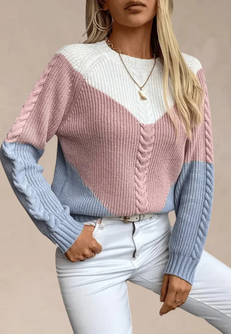 Women's Colourblock Cable Knit Sweater – Textured Crew Neck Long Sleeve Pullover for Autumn and Winter