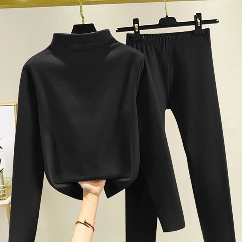 Women's Fleece High-Neck Top and Trousers Set – Soft Relaxed Two-Piece Outfit for Autumn and Winter