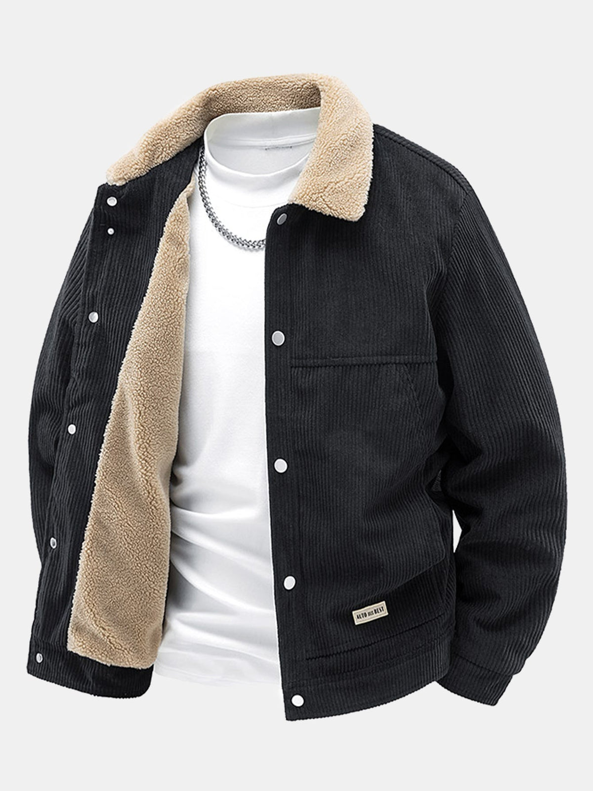 Men's Sherpa-Lined Corduroy Jacket with Snap Buttons – Warm Casual Outerwear for Autumn and Winter