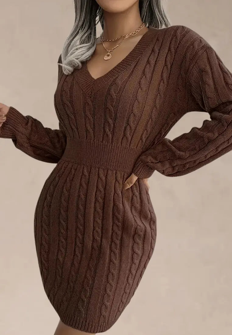 Women's Elegant Cable Knit V-Neck Mini Dress with Fitted Ribbed Waist and Long Sleeves – Soft Stretch Knitted Bodycon Sweater Dress with Textured Detailing for Smart Casual Autumn and Winter Occasion Wear