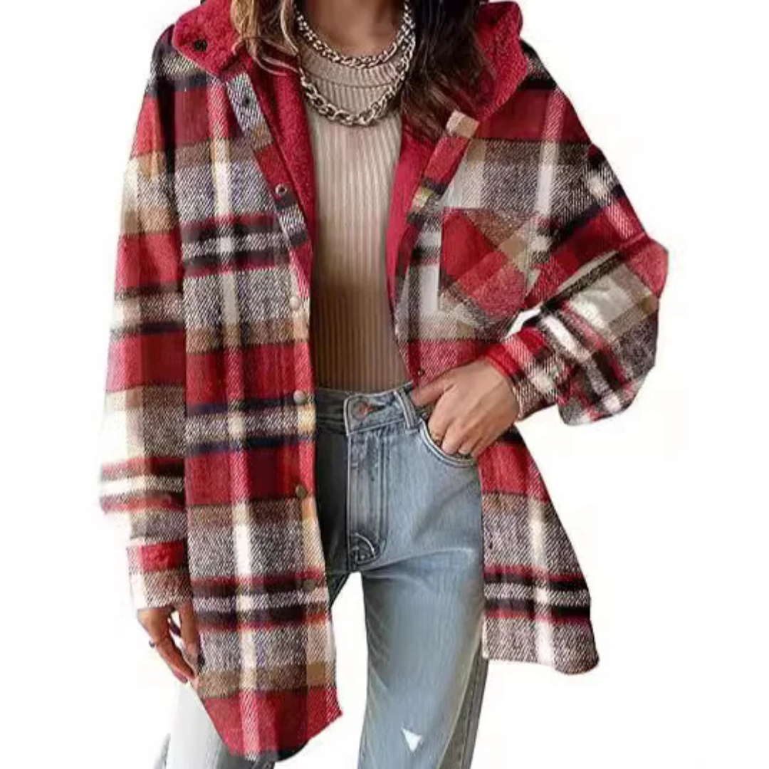 Women's Oversized Check Hooded Shirt Jacket