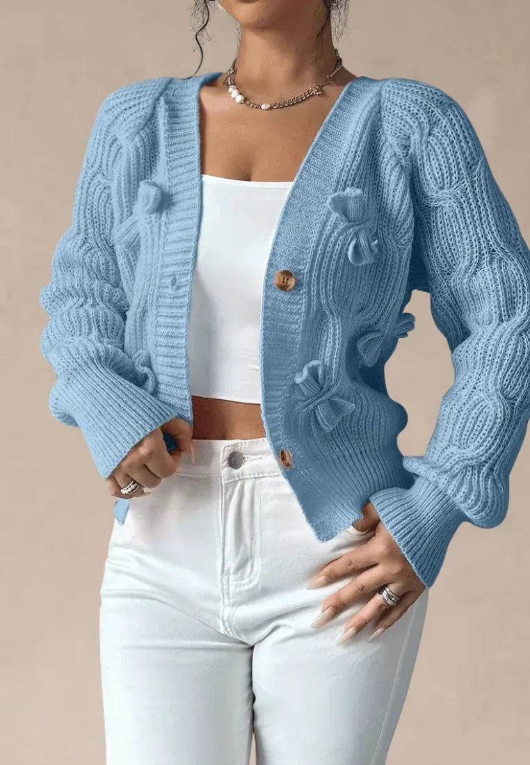 Women’s Cable Knit Cardigan with Decorative Bows and V-Neck – Relaxed Short Button-Front Layer with Full Sleeves for Romantic Everyday Styling