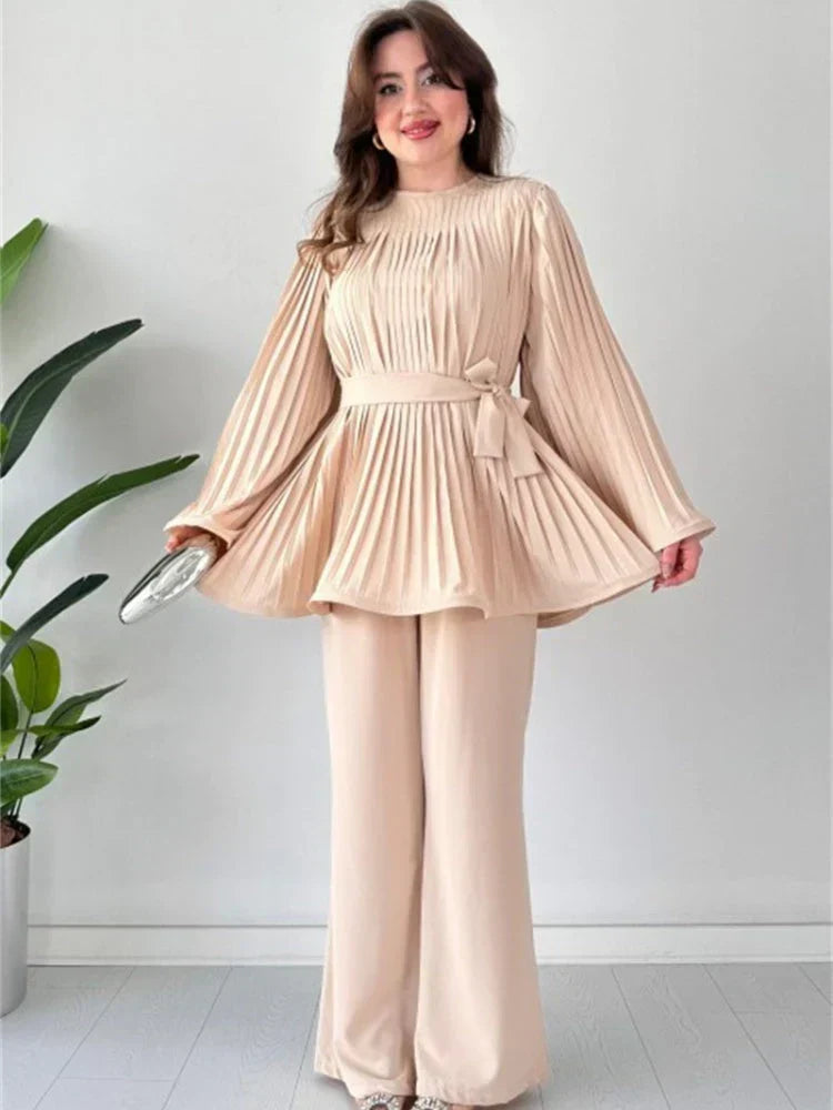 Women's Pleated Long-Sleeve Tunic and Wide-Leg Trousers Set with Tie Waist – Elegant Two-Piece Outfit for Smart Casual Occasions