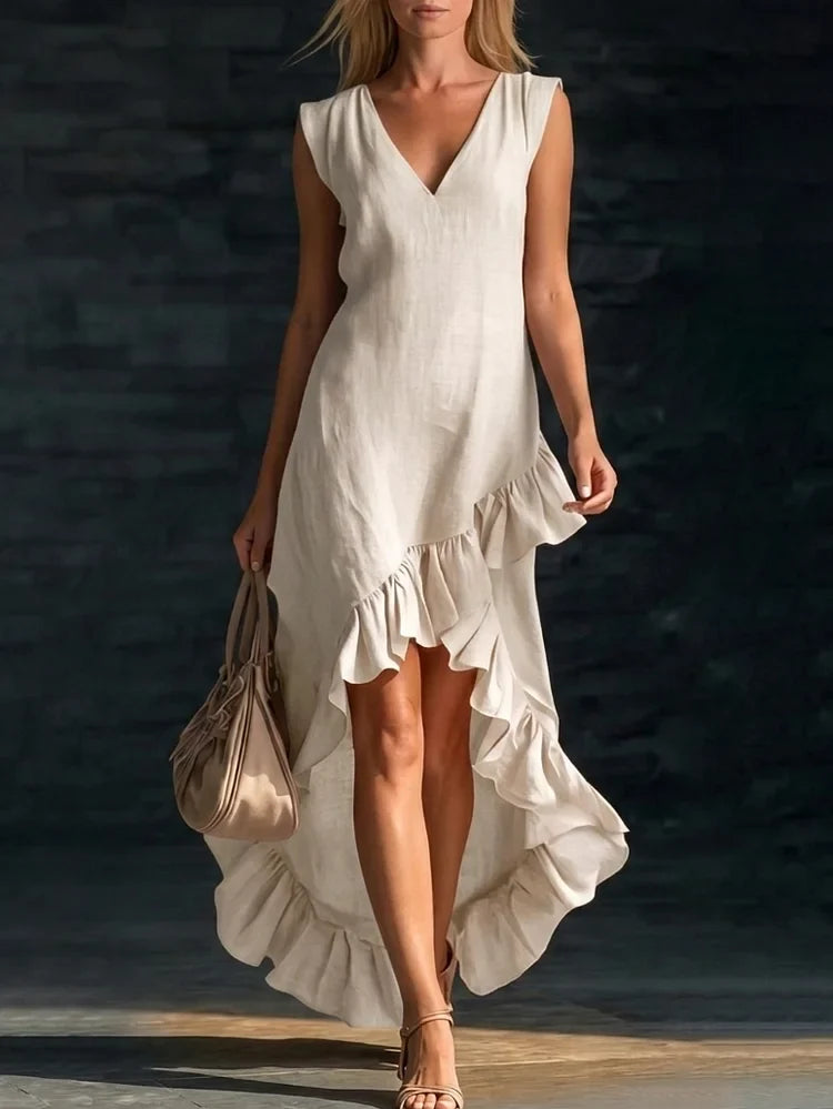 Romantic V-neck Ruffled Hem Linen-cotton Maxi Dress
