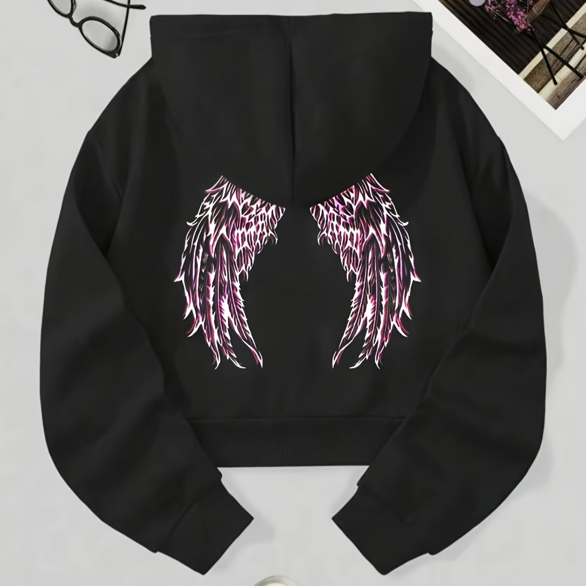 Women's Cropped Pullover Hoodie with Printed Back Detail and Adjustable Drawstring Hood – Soft Relaxed Fit Long Sleeve Sweatshirt for Casual Everyday Streetwear and Comfortable Autumn Winter Layering