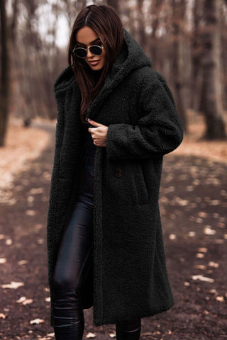 Women's Hooded Longline Teddy Coat with Button Front