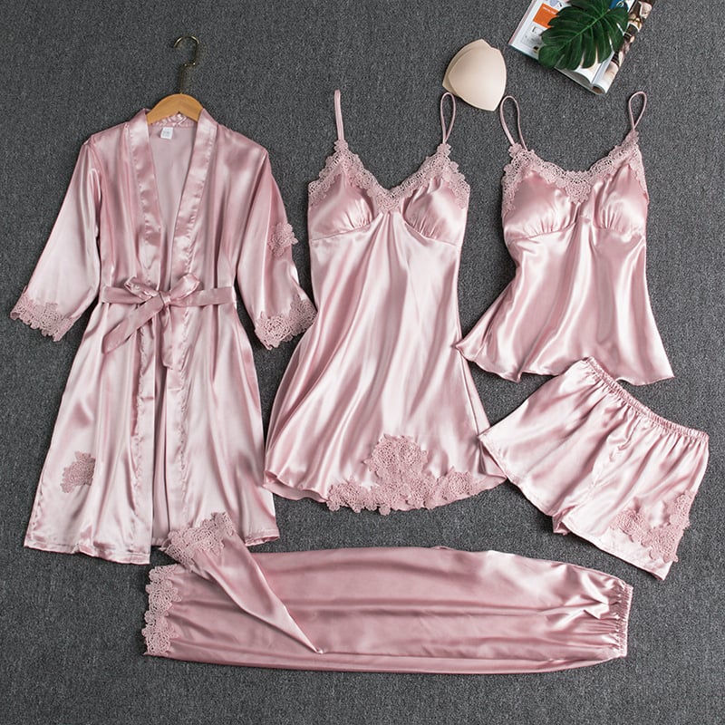 Women's Satin Lace Nightwear Set 5-Piece for Sleepwear