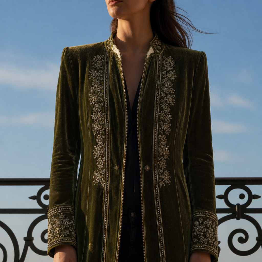 Coimbra Embroidered Velvet Long Jacket