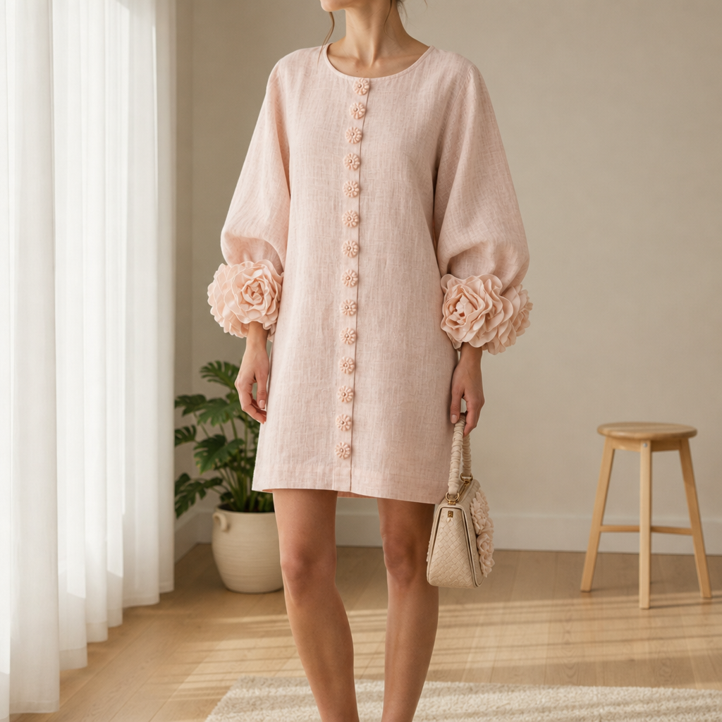 Marvao Rosette Cuff Linen Dress