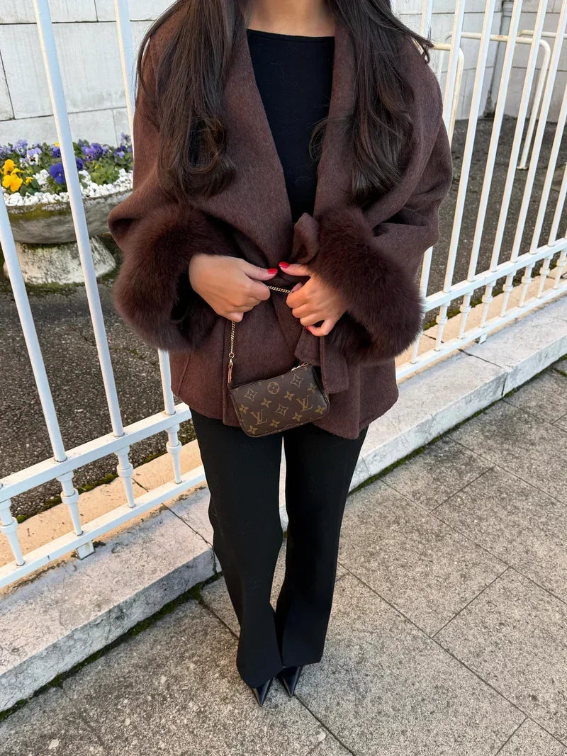 Women's Belted Wool Wrap Coat with Fur-Trimmed Cuffs – Elegant Short Winter Outerwear for Smart Casual Wear