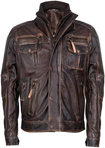 Men’s Insulated Vintage Nappa Leather Biker Jacket – High Stand-Collar Multi-Pocket Zip Layer with Distressed Finish for Winter Travel Weekend Streetwear Outdoor City Wear and Everyday Cold-Weather Styling