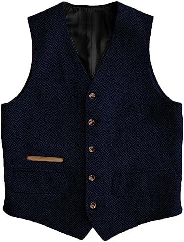 Men’s Vintage Herringbone Tweed Waistcoat – Classic V-Neck Buttoned Suit Vest with Functional Pockets for Weddings Business and Smart Casual Wear