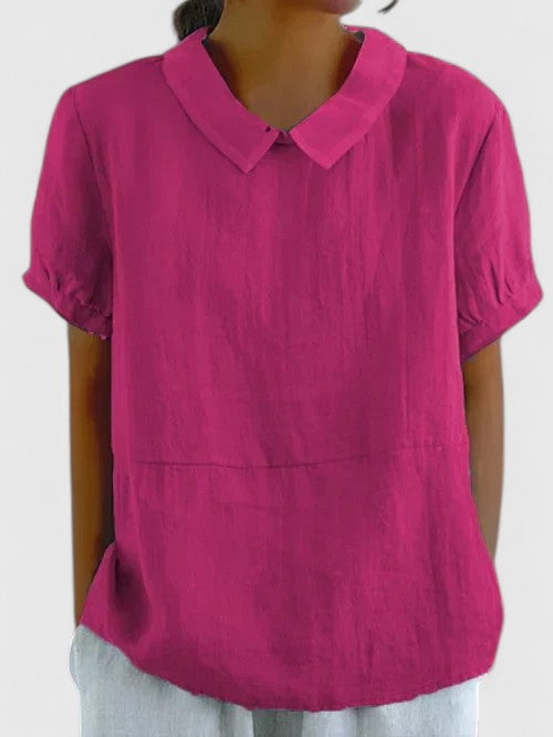Women's Relaxed Short Sleeve Blouse – Casual Collared Pullover Top with Textured Fabric for Spring and Summer