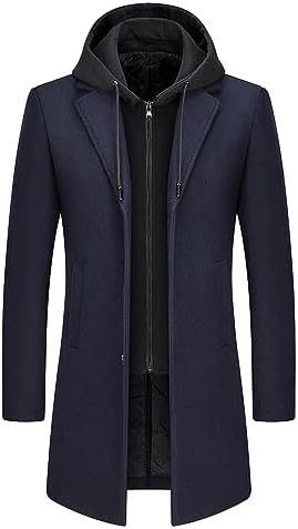 Men’s Hooded Wool Blend Winter Coat – Long Tailored Overcoat with Layered Zip-Up Front for Smart Casual Autumn and Winter Wear