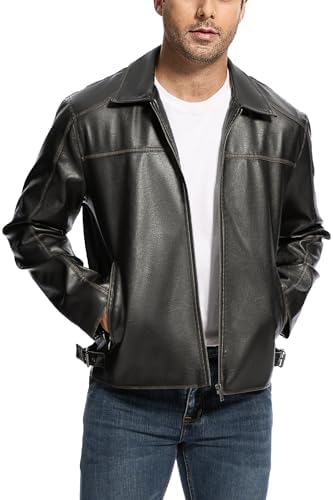 Men’s Vintage-Inspired Faux-Leather Collared Jacket – Lightweight Zip-Front Short Layer with Side Adjustment Tabs and Practical Pockets for Autumn Travel Weekend Smart Casual and Everyday City Wear