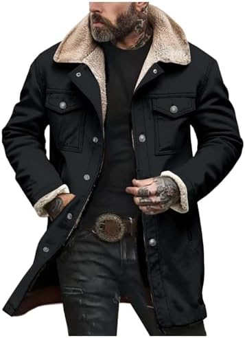 Men’s Vintage Suede Winter Coat – Long Sherpa-Lined Jacket with Faux Leather Shoulder Panels and Warm Aviator Styling