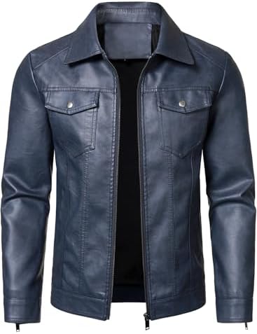 Men’s Lightweight Faux Leather Biker Jacket – Classic Zip-Up Motorcycle Style with Chest Pockets for Casual Everyday Wear