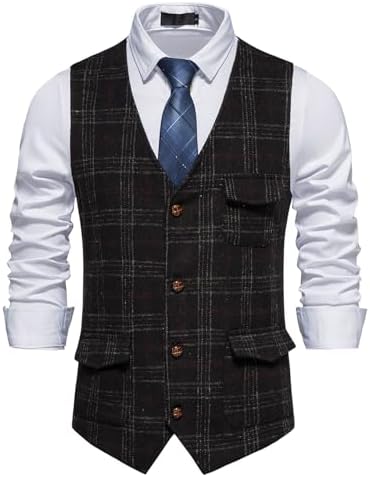 Men’s Printed Tweed Waistcoat with Flap Pockets – V-Neck Buttoned Gilet for Business and Formal Occasions