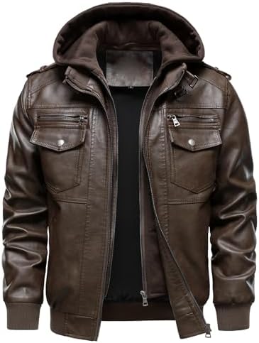 Men’s Hooded Faux-Leather Bomber Jacket – Multi-Pocket Zip-Up Motorcycle Layer with Ribbed Trims for Autumn Travel Weekend Streetwear Casual City Wear and Everyday Styling