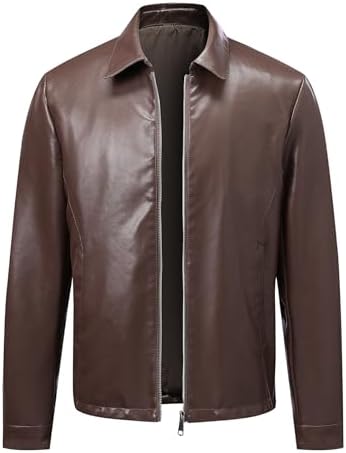 Men’s Clean-Cut Collared Leather Jacket – Regular-Fit Zip-Front Transitional Outerwear for Business Casual Office Travel Weekend Evenings and Refined Everyday City Styling