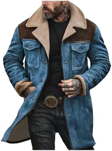 Men’s Vintage Suede Winter Coat – Long Sherpa-Lined Jacket with Faux Leather Shoulder Panels and Warm Aviator Styling