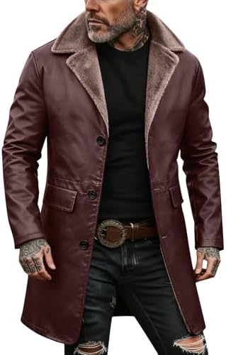Men’s Long Faux-Leather Winter Coat – Vintage Button-Front Layer with Stand Collar for Business Travel Evening Events and Cold-Weather Everyday Wear