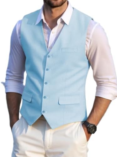 Men’s Linen Suit Waistcoat with V-Neck and Flap Pockets – Classic Button-Front Tailored Style for Summer Weddings and Special Occasions