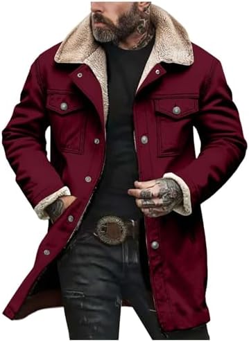 Men’s Vintage Suede Winter Coat – Long Sherpa-Lined Jacket with Faux Leather Shoulder Panels and Warm Aviator Styling