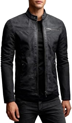 Men’s Vintage Leather Stand-Collar Jacket – Slim-Fit Zip-Up Short Layer with Zipped Pockets for Autumn Travel Weekend Smart Casual City Wear and Everyday Styling