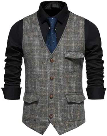 Men’s Printed Tweed Waistcoat with Flap Pockets – V-Neck Buttoned Gilet for Business and Formal Occasions