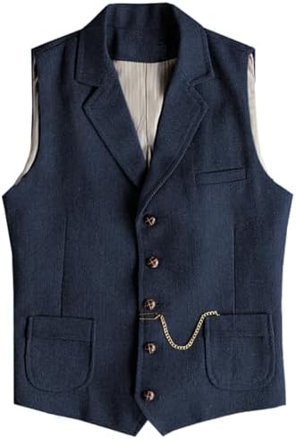 Men’s Slim Fit Wool Tweed Waistcoat with Notched Lapels and Patch Pockets for Vintage Wedding and Western Styling