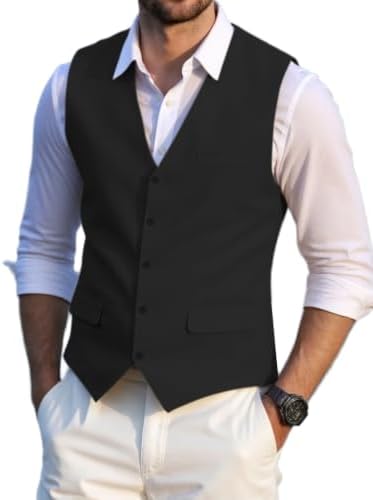 Men’s Linen Suit Waistcoat with V-Neck and Flap Pockets – Classic Button-Front Tailored Style for Summer Weddings and Special Occasions