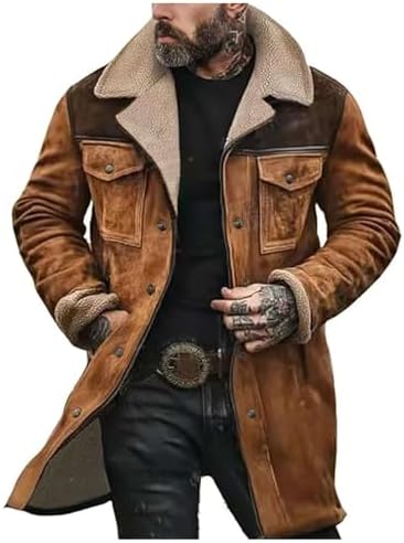 Men’s Vintage Suede Winter Coat – Long Sherpa-Lined Jacket with Faux Leather Shoulder Panels and Warm Aviator Styling