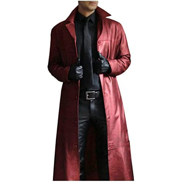 Men’s Long Faux Leather Gothic Trench Coat – Vintage Single-Breasted Overcoat for Halloween Cosplay and Alternative Fashion