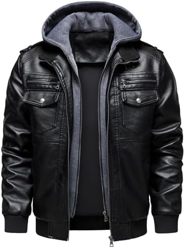 Men’s Hooded Faux-Leather Bomber Jacket – Multi-Pocket Zip-Up Motorcycle Layer with Ribbed Trims for Autumn Travel Weekend Streetwear Casual City Wear and Everyday Styling