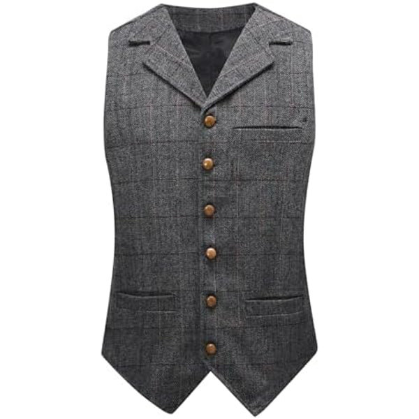 Men’s Vintage Herringbone Tweed Waistcoat – Tailored V-Neck Suit Vest with Notched Lapels for Weddings Business and Retro Styling