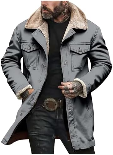 Men’s Vintage Suede Winter Coat – Long Sherpa-Lined Jacket with Faux Leather Shoulder Panels and Warm Aviator Styling