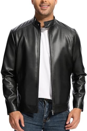 Men’s Vintage-Inspired Faux-Leather Collared Jacket – Lightweight Zip-Front Short Layer with Side Adjustment Tabs and Practical Pockets for Autumn Travel Weekend Smart Casual and Everyday City Wear