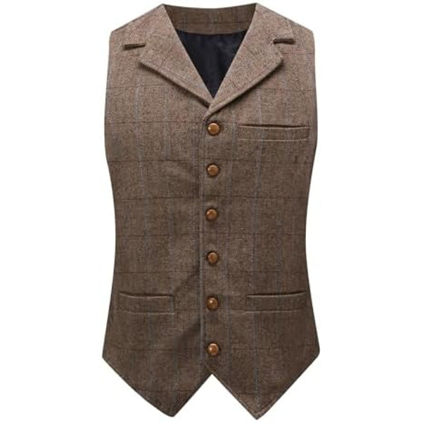 Men’s Vintage Herringbone Tweed Waistcoat – Tailored V-Neck Suit Vest with Notched Lapels for Weddings Business and Retro Styling