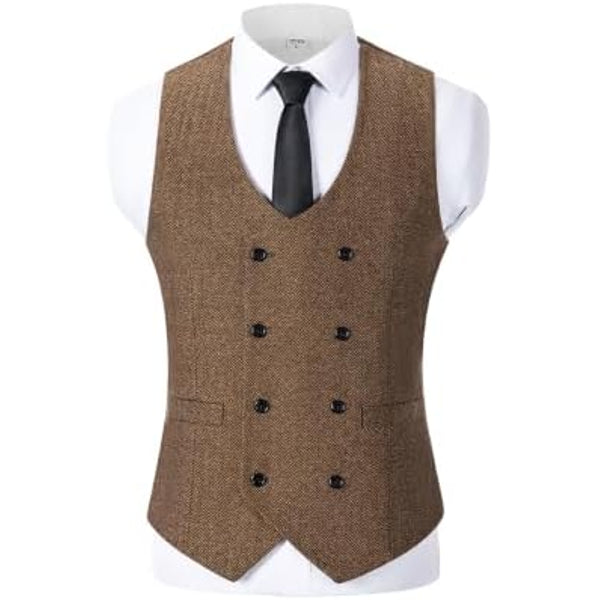 Men’s Double-Breasted Wool Tweed Waistcoat with V-Neck – Vintage Tailored Suit Vest for Weddings and Groomsmen