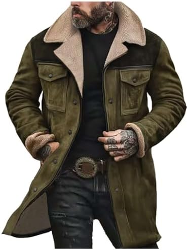 Men’s Vintage Suede Winter Coat – Long Sherpa-Lined Jacket with Faux Leather Shoulder Panels and Warm Aviator Styling
