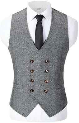 Men’s Double-Breasted Wool Tweed Waistcoat with V-Neck – Vintage Tailored Suit Vest for Weddings and Groomsmen