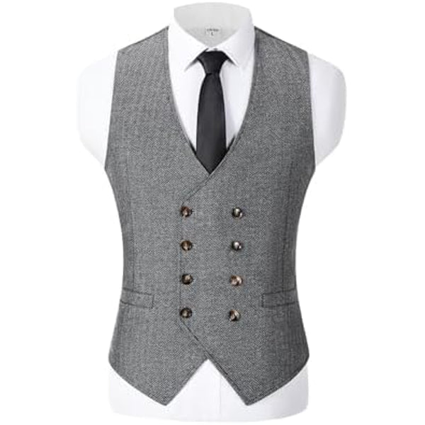 Men’s Double-Breasted Wool Tweed Waistcoat with V-Neck – Vintage Tailored Suit Vest for Weddings and Groomsmen
