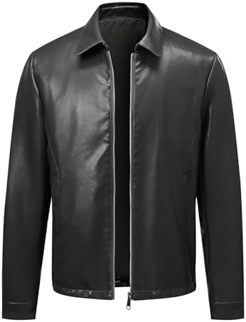Men’s Clean-Cut Collared Leather Jacket – Regular-Fit Zip-Front Transitional Outerwear for Business Casual Office Travel Weekend Evenings and Refined Everyday City Styling