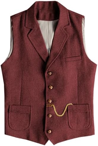 Men’s Slim Fit Wool Tweed Waistcoat with Notched Lapels and Patch Pockets for Vintage Wedding and Western Styling