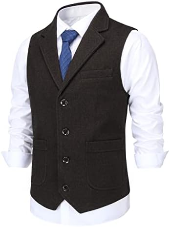 Men’s Wool Tweed Waistcoat with Notched Lapels and Patch Pockets – Regular Fit Suit Vest for Smart Occasion Dressing
