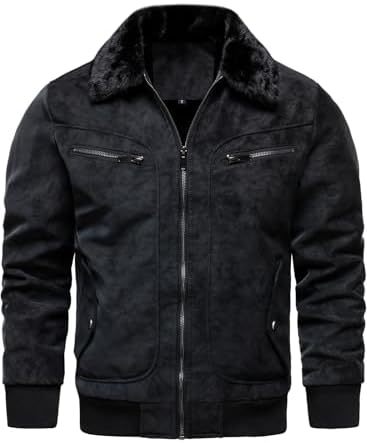 Men’s Fleece-Lined Faux-Leather Aviator Bomber Jacket – Vintage Fur-Collar Zip-Up Winter Layer with Ribbed Trims and Multi-Pocket Utility for Cold-Weather Travel Weekend Streetwear and Everyday City Wear