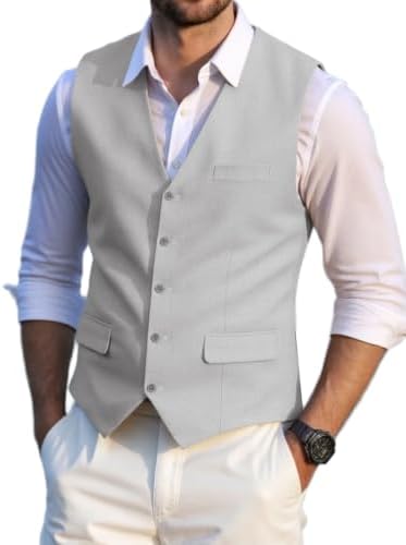 Men’s Linen Suit Waistcoat with V-Neck and Flap Pockets – Classic Button-Front Tailored Style for Summer Weddings and Special Occasions