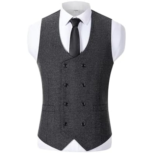 Men’s Double-Breasted Wool Tweed Waistcoat with V-Neck – Vintage Tailored Suit Vest for Weddings and Groomsmen