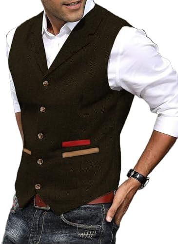 Men’s Textured Tweed Waistcoat with Notched Lapels – Vintage Button-Front Gilet for Weddings and Smart Casual Dressing